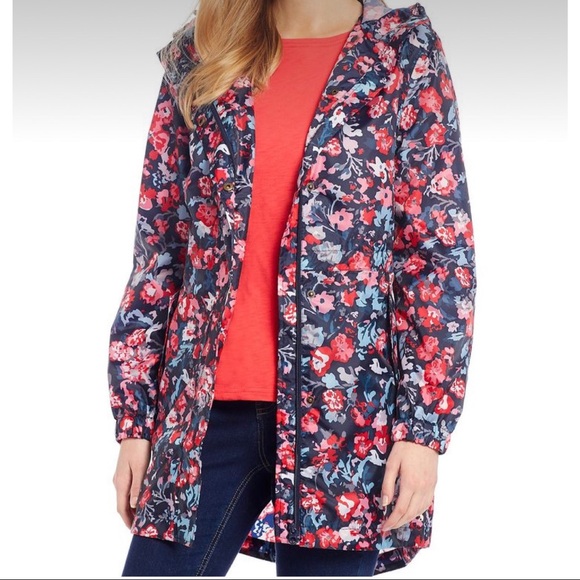 Joules Go Lightly Navy Floral Print Waterproof Pack away Hooded Rain Jacket - Picture 2 of 11
